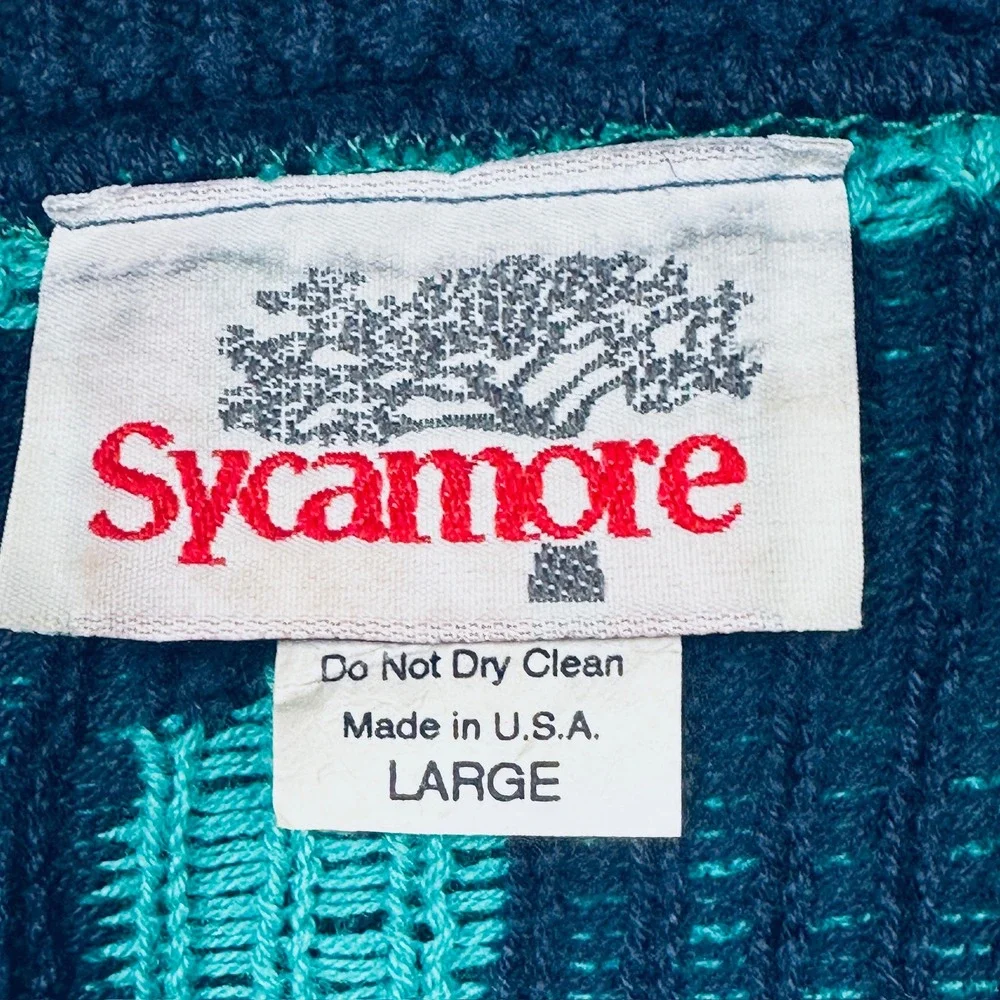 Vintage Sycamore Polka Dot Cotton Cardigan Sweater Green Navy Blue L Made in USA